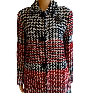 Sisley Tweed Single breasted Leather trimmed Classic Coat with broucher